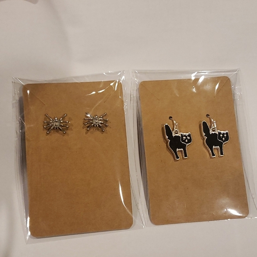 HALLOWEEN OR ANYTIME 2 EARRINGS SILVER SPIDERS & BLACK CATS SPOOKY